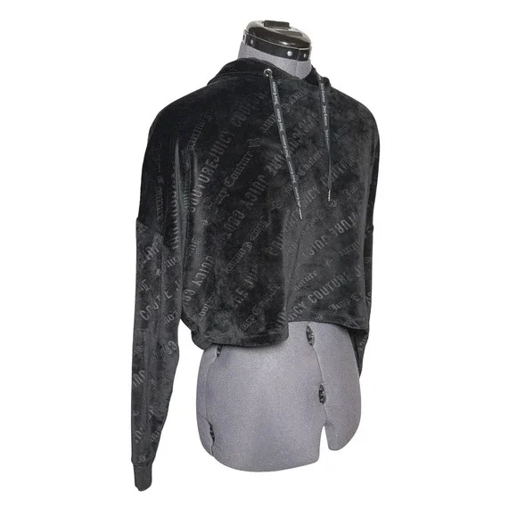 Vtg Y2K Juicy Couture Black Velour Logo Cropped Hoodie size M - Picture 12 of 12